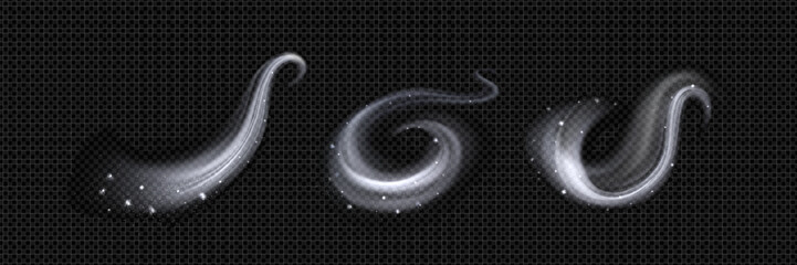 Magic wind snow swirls with sparkling particles - white frosty air streams, glowing winter magic effects and icy spiral gusts for fantasy spell casting, blizzard animation or mystical weather graphic. © klyaksun