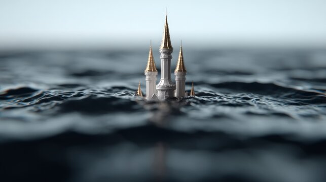 White castle with golden spires emerging from dark choppy water ocean sea