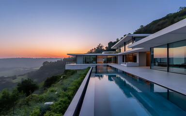 Fototapeta premium Modern Luxury Villa with Infinity Pool at Sunset