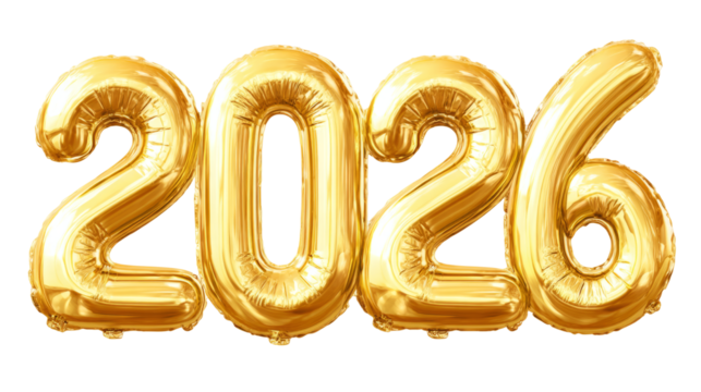 2026 in golden foil balloon  with glossy reflections