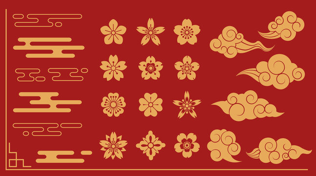 Traditional Asian ornamental elements on red background - golden cloud patterns, cherry blossoms, decorative Japanese and Chinese motifs. Oriental festival design with flowing clouds, sakura flowers