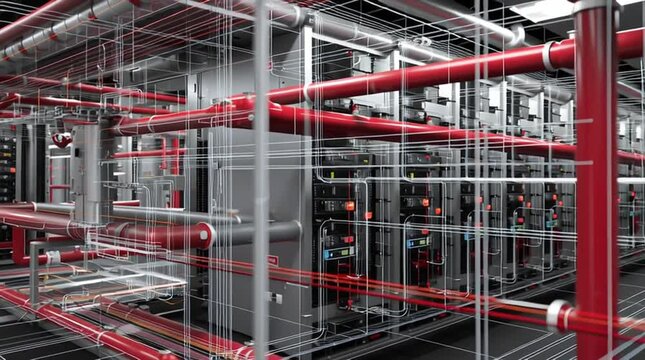 Dcim software. Data Center Infrastructure Management. A complex network of industrial pipes and cables overlain with digital schematic lines in a modern mechanical room.