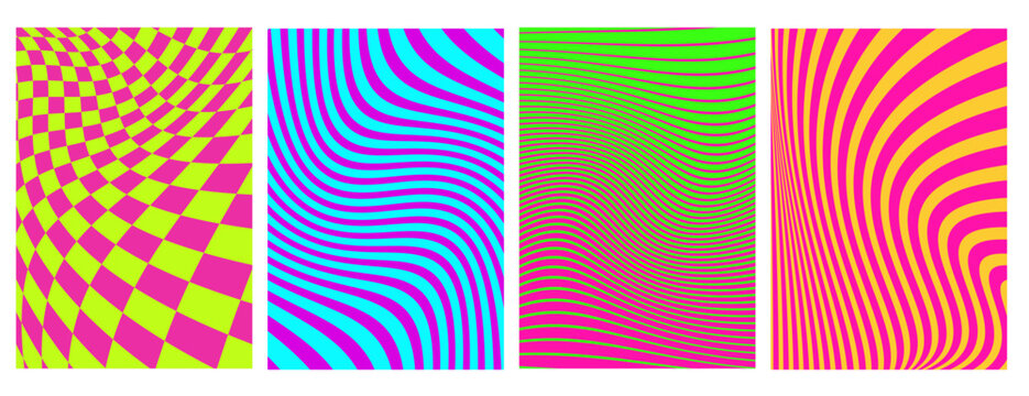 Psychedelic optical illusion backgrounds - vibrant wave patterns with neon colors, distorted checkerboard, flowing stripes. Trippy visual effects for retro posters, hypnotic and groovy artwork design