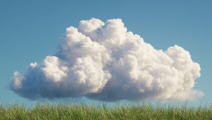 Fluffy white cumulus cloud over a grassy field against a clear blue sky