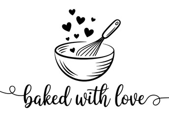 Whisking bowl with hearts and cursive text baking love