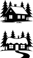 Obraz premium Winter cabin surrounded by evergreen trees house snow