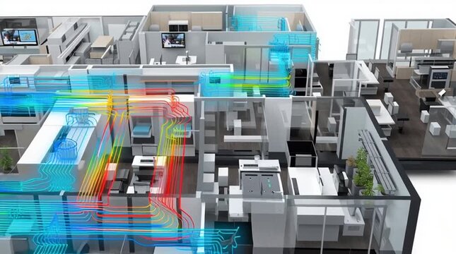 Dcim software. Data Center Infrastructure Management. A 3D office layout showing colorful airflow simulation throughout different rooms to illustrate HVAC system distribution.