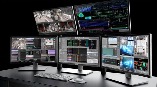 Dcim software. Data Center Infrastructure Management. A modern workstation with six monitors displaying surveillance feeds, data analytics, and control dashboards.