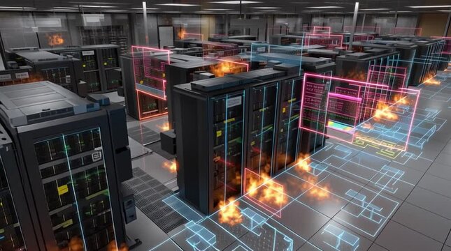 Dcim software. Data Center Infrastructure Management. A modern server room with multiple server racks is shown, with digital overlays highlighting fire risks and system vulnerabilities.