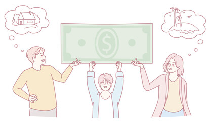 An illustration depicting a family earnestly dreaming of wealth and their aspirational desires for a better life ahead