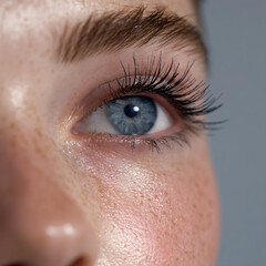Eye Beauty Detail Closeup Female Skin Portrait Freckles Makeup Human Vision Gaze Natural Cosmetics Aesthetic Clarity Focus Blue Eyelashes Model Youth Softness Bright Reflection Charm Allure