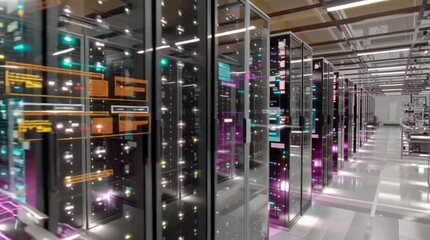 Dcim software. Data Center Infrastructure Management. A modern data center with rows of server racks and digital data overlays, representing advanced technology and network infrastructure. - Powered by Adobe