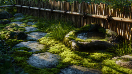 Detail close-up of a stone lantern resting on moss with fine raked gravel — elegant and tranquil Zen aesthetic.