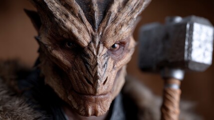 Obraz premium Detailed close up of a creature with scaly skin holding a hammer monster