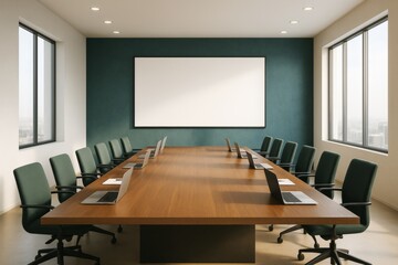 Modern boardroom interior with long wooden table, laptops, office chairs, large blank screen on green wall, and bright windows in daytime light.