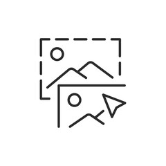 Image icon. UI/UX element showing photo preview with cursor and dashed outline. Concept for drag and drop, media upload or content placement. Vector illustration