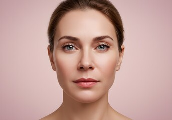 Fototapeta premium Portrait of a confident woman with flawless skin and natural beauty. Ideal for skincare, cosmetic, wellness, and dermatology-related visuals.