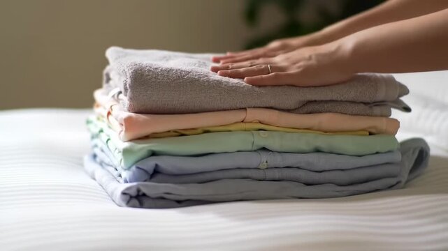 Neatly folded clothes stack on white bed with hand adjusting.