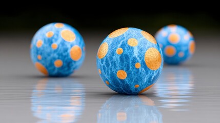 Fototapeta premium Three textured blue spheres with gold polka dots resting on a reflective surface