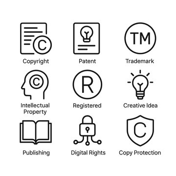 Copyright and trademark vector icon set. Outline symbols. Line design