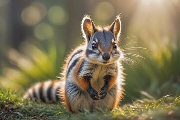 Fototapeta premium Enchanting Portrait of a Striped Chipmunk Bathed in Morning Light, Displaying its Natural Charm with Soft Focus Background and Captivating Gaze Amidst Verdant Grass