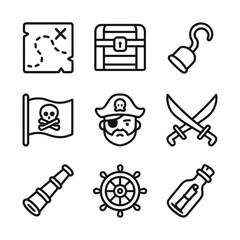Treasure hunting pirate icons. Outline symbols. Line design