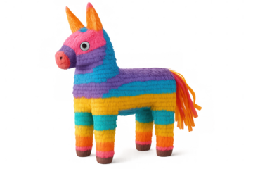 Vibrant, rainbow-colored piñata shaped like a horse, ready for a festive celebration, isolated on a transparent background