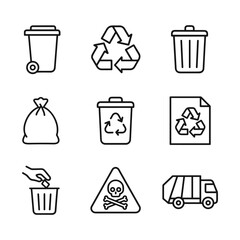 Sustainability waste icons collection. Outline symbols. Line design