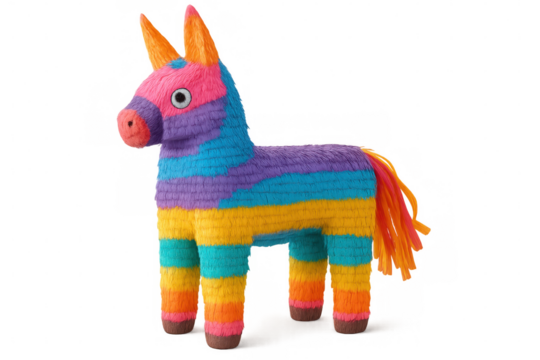 Vibrant, rainbow-colored piñata shaped like a horse, ready for a festive celebration, isolated on a transparent background