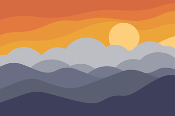 Abstract sunset over rolling hills and clouds