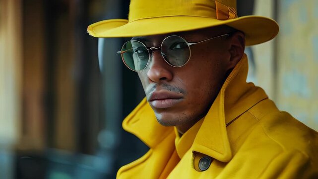 Video of a Black man wearing a yellow coat and hat, showcasing a bold and stylish look