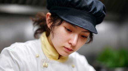 Young female chef focused on culinary task woman cook food kitchen professional