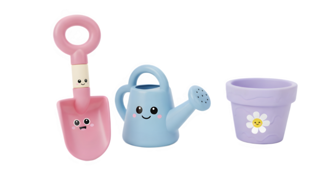 Pink toy shovel, blue watering can, and purple flower pot with smiley faces on white background - Powered by Adobe