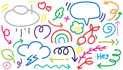 hand drawn colorful doodle vector set, love, Natural , star, cloud, weather, rainbow, flower, bubble, heart and creative design vector collection.