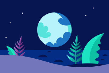 Stylized night landscape with a large moon and abstract plants