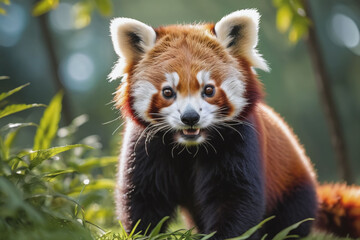 Fototapeta premium Captivating Portrait of a Red Panda in its Natural Habitat: A Charming Glimpse into the Wilds of the Eastern Himalayas, Evoking a Sense of Wonder and Conservation
