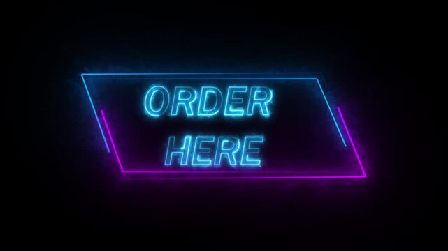 Animated order here button with neon glow futuristic interface for apps games and websites. Neon order here sign animation with glowing text and cyberpunk digital call to action overlay.