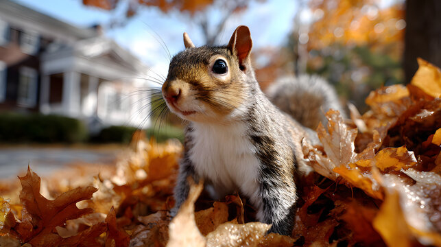 Gray squirrel rests among vibrant fall leaves near a suburban home, enjoying the crisp autumn weather and sunshine. Ai Generated Images - Powered by Adobe