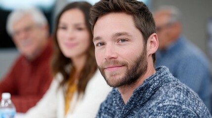 Fototapeta premium Man with beard in focus smiling with blurred people behind Background Caucasian