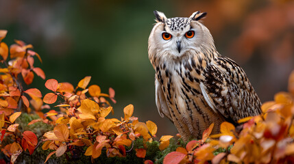 Majestic Eurasian eagle owl perched amid vibrant autumn leaves in a natural forest setting, gazing directly into the camera with striking orange eyes. Ai Generated Images