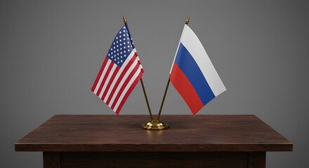 United States and Russia desk flags crossed, symbolizing international diplomacy, politics, and summit meetings.