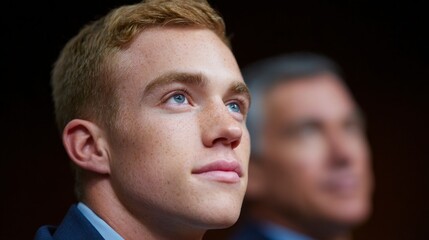 Fototapeta premium Young Caucasian man with blonde hair and freckles blue eyes wearing a suit looking upwards