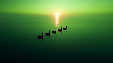 Five Geese Swimming Formation Across