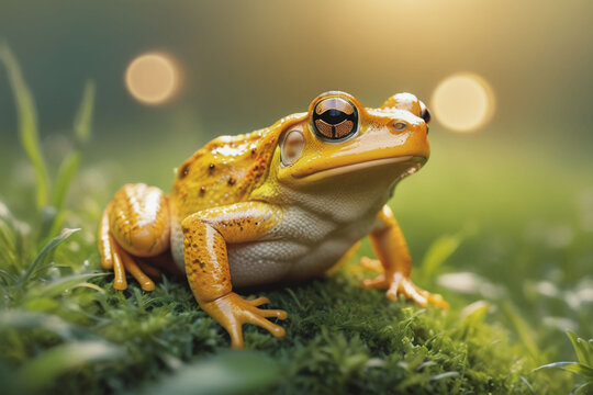 Captivating Gaze of a Golden Frog: Close-Up Portrait in Natural Light with an Artistic Touch, Showcasing Detail and Unique Beauty in a Serene, Green Environment - Powered by Adobe