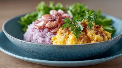 Delicious bowl of purple rice scrambled eggs and meat topped with fresh herbs