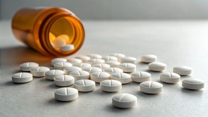 Ai generated image of white pills scattered near an open amber medicine bottle on a table