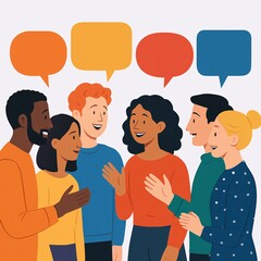 Diverse group of people communicating with speech bubbles above their heads
