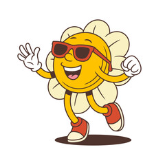Cool flower mascot in retro style walking confidently with peace sign and sunglasses, radiating playful summer energy. Great for kids content, branding, or fun design elements. vector illustration