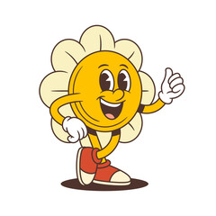 Charming retro flower mascot with hand on hip and bright thumbs-up gesture, delivering cheerful confidence. Perfect for campaigns promoting positivity and youth-focused content. vector illustration