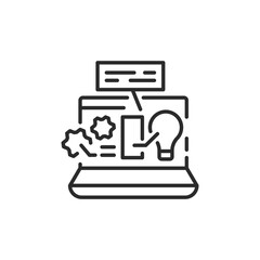 Page creation icon. Laptop screen with creative elements like lightbulb, gears, and layout symbolizing webpage building or content design. Vector illustration